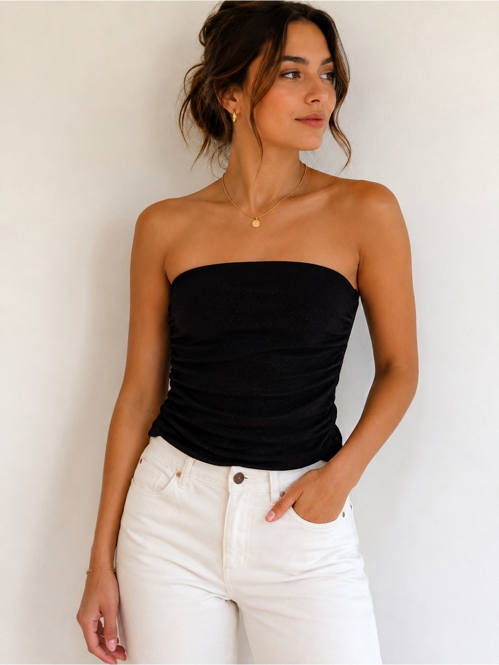 women’s stylish black shimmery strapless tube top size M NWT